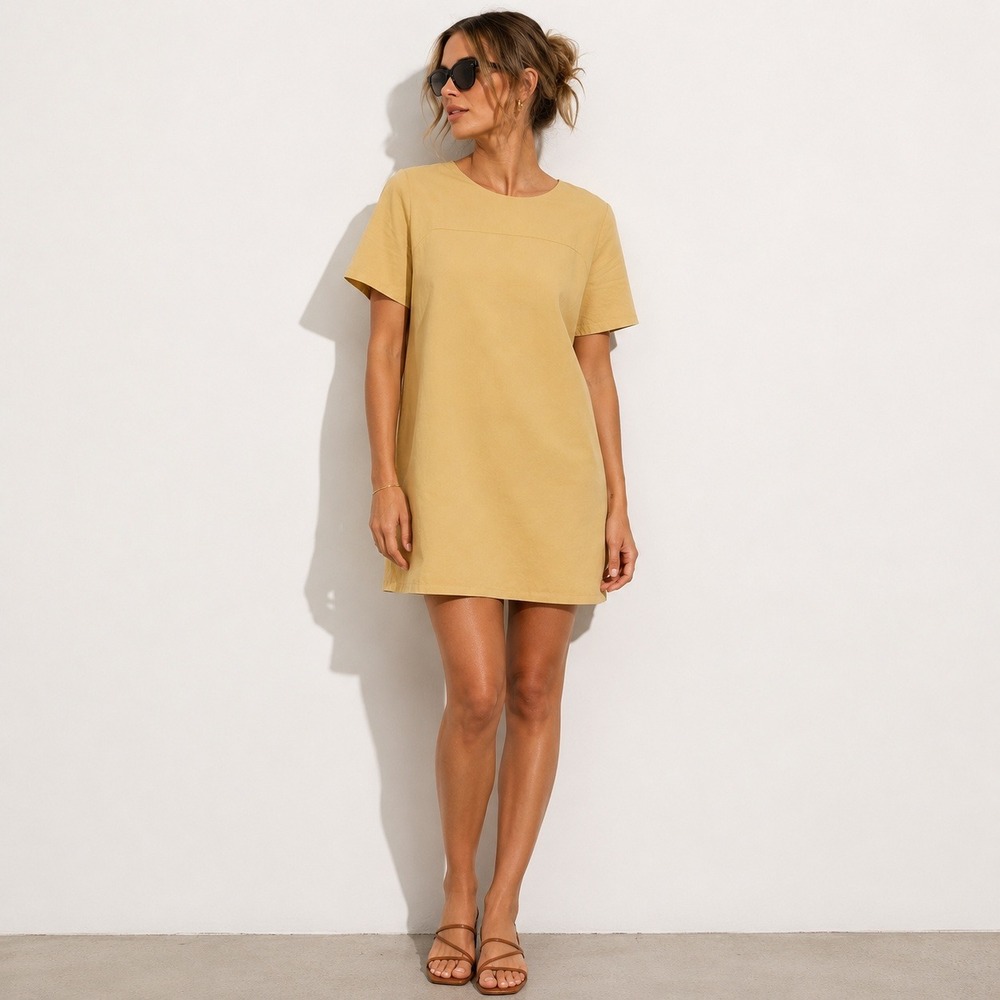 COS Women's 2 Day Dress Pale Yellow Gold Sheen Flutter Short Sleeve Mini Dress